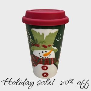 Fitz and Floyd Christmas Holly Hat Snowman Coffee Cup with Lid